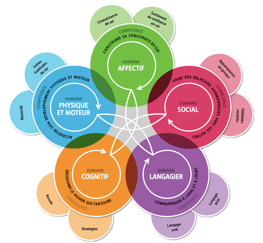 Schéma des domaines du développement de l’enfant : physique et moteur, affectif, social, cognitif et langagier